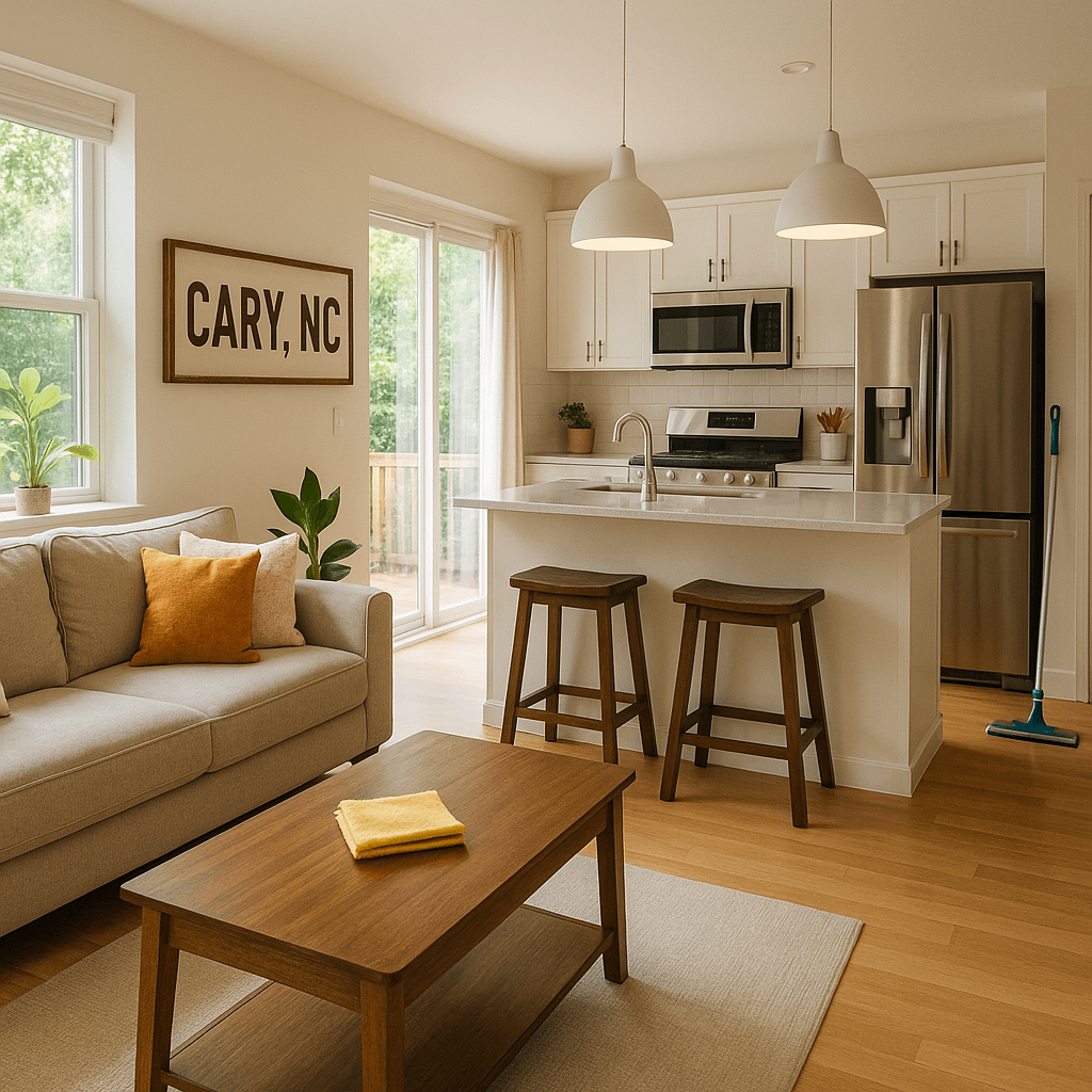 Modern sunlit living room and kitchen in a clean, family-ready Cary, NC home, featuring sparkling countertops, a microfiber cloth on the table, and a mop in the corner, with greenery visible outside.