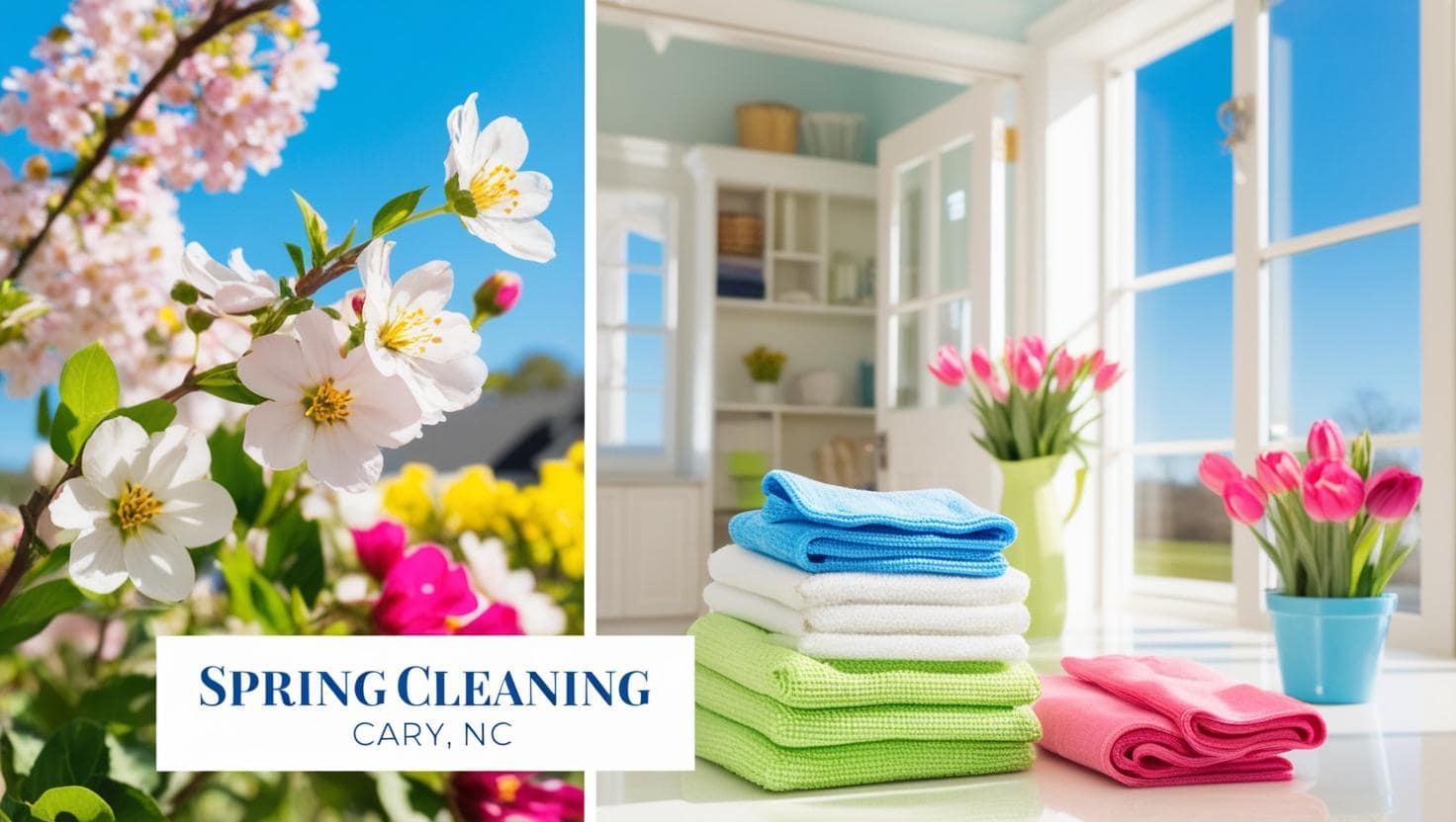 Spring cleaning scene with blooming flowers and neatly folded towels in a bright Cary, NC home