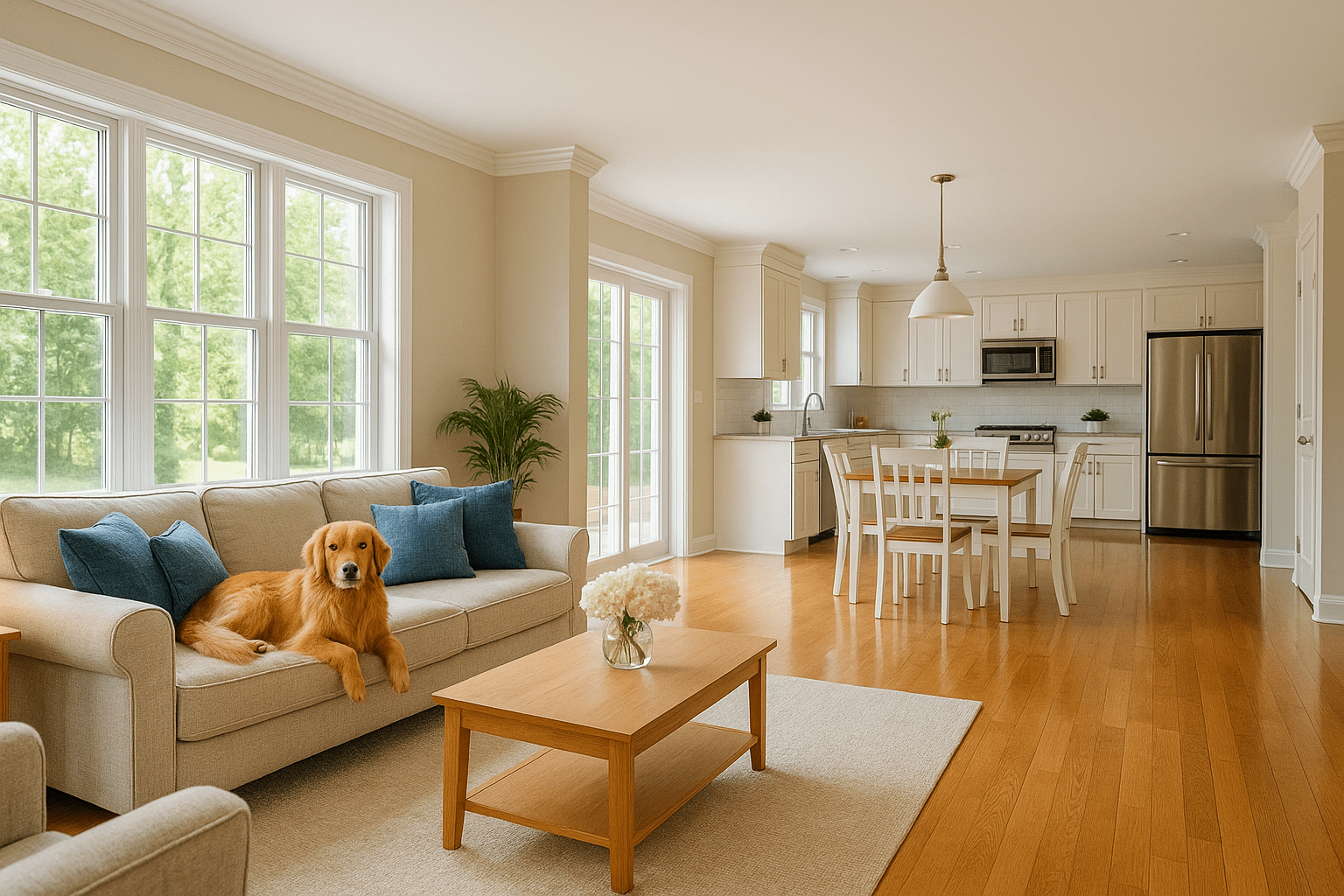Golden retriever lounging on a beige sofa in a sunlit, professionally cleaned living room in Cary, NC.