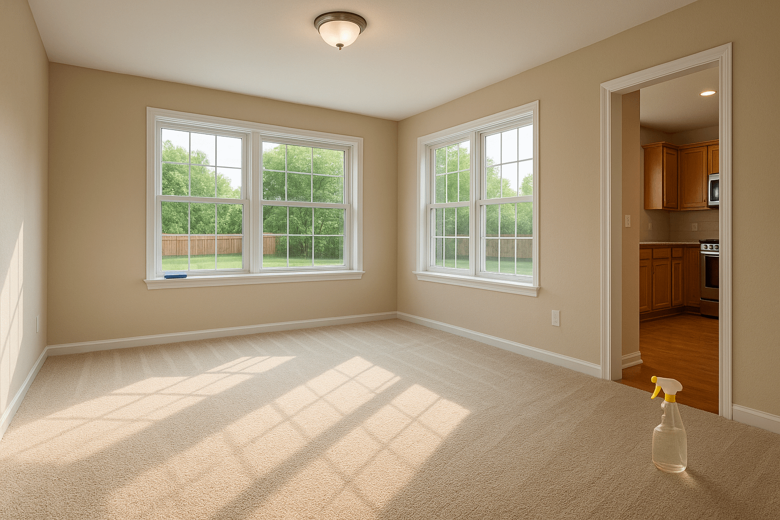 Clean and empty Apex NC living room with backyard view, fresh carpet, and access to kitchen with wood cabinets.