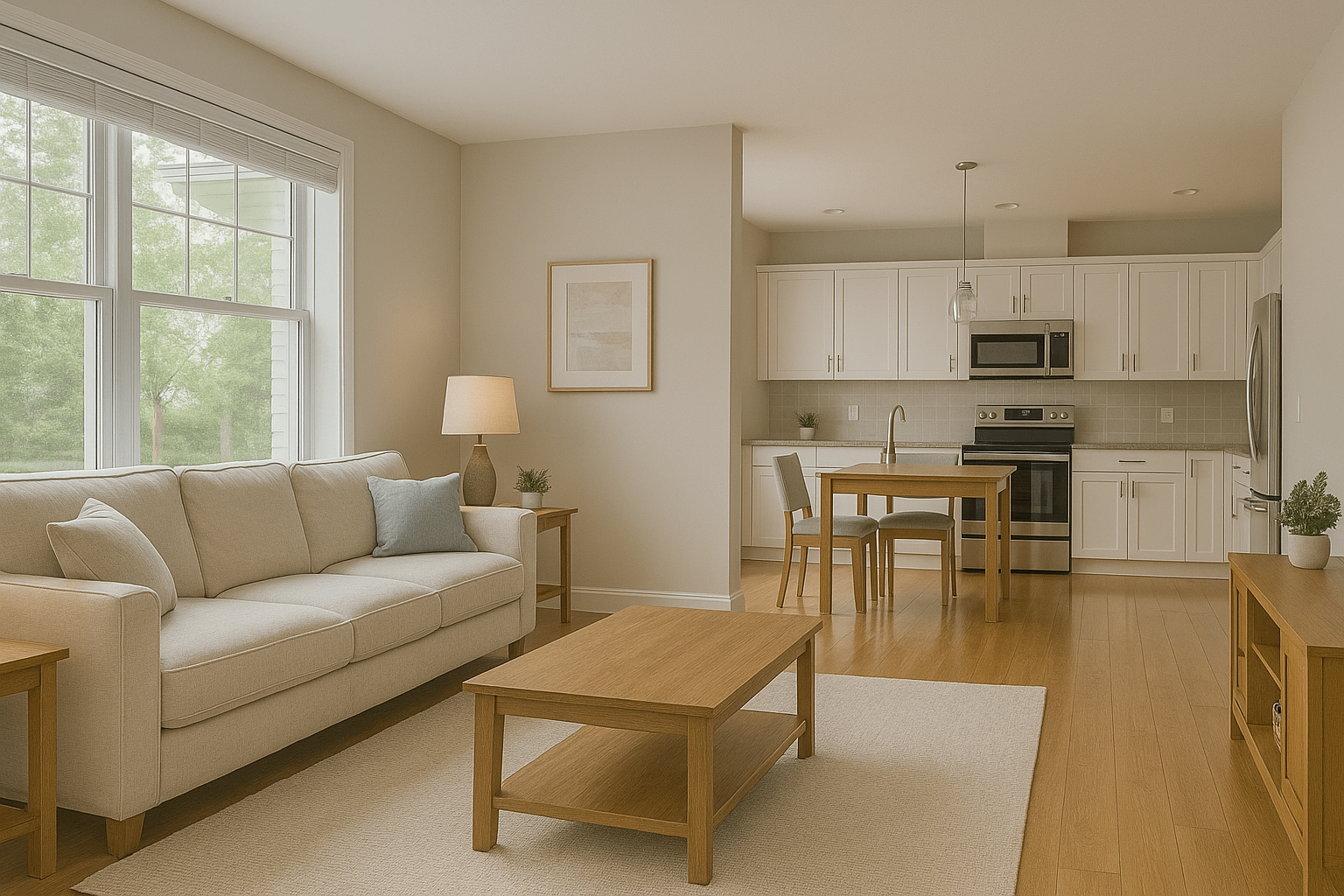 Modern, spotless living room and kitchen with natural light, beige sofa, wooden furniture, and gleaming hardwood floors in a peaceful home in Apex, NC.