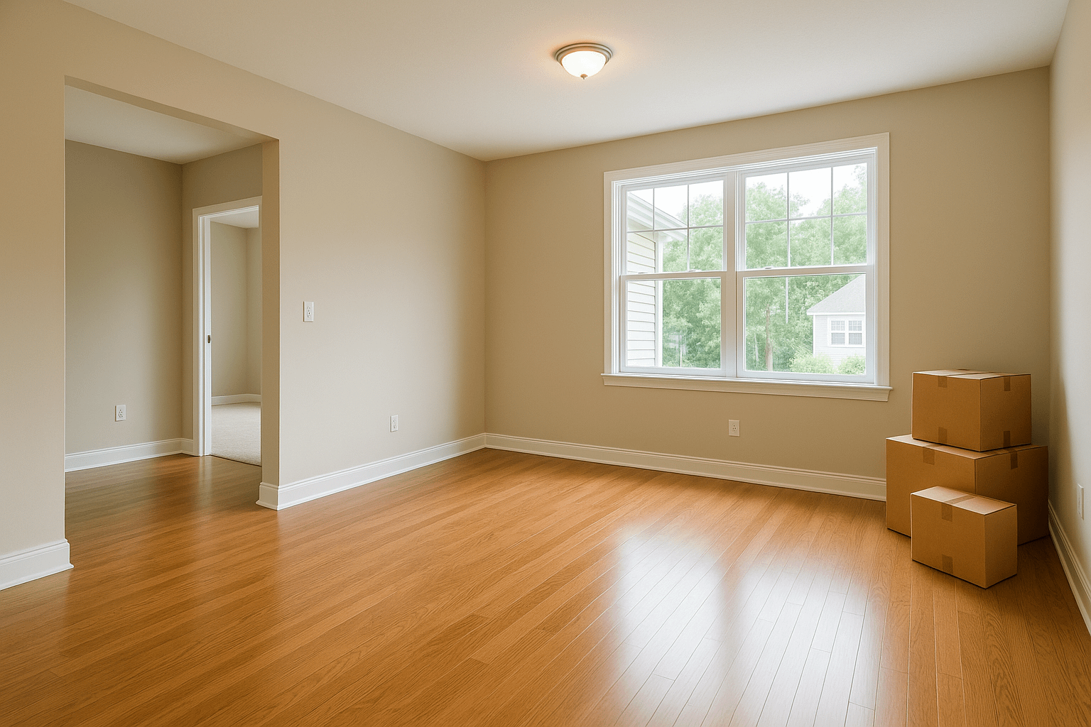 Bright, empty townhome living room in Cary, NC with polished wood floors, clean baseboards, large sunlit window, and stacked moving boxes.