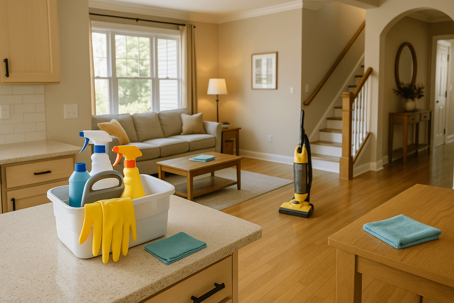 A clean, sunlit modern home interior in Cary, NC, featuring a cleaning caddy with spray bottles on a kitchen counter, a vacuum cleaner on freshly vacuumed hardwood floors, and a microfiber cloth on a wooden table in a cozy, organized living space.