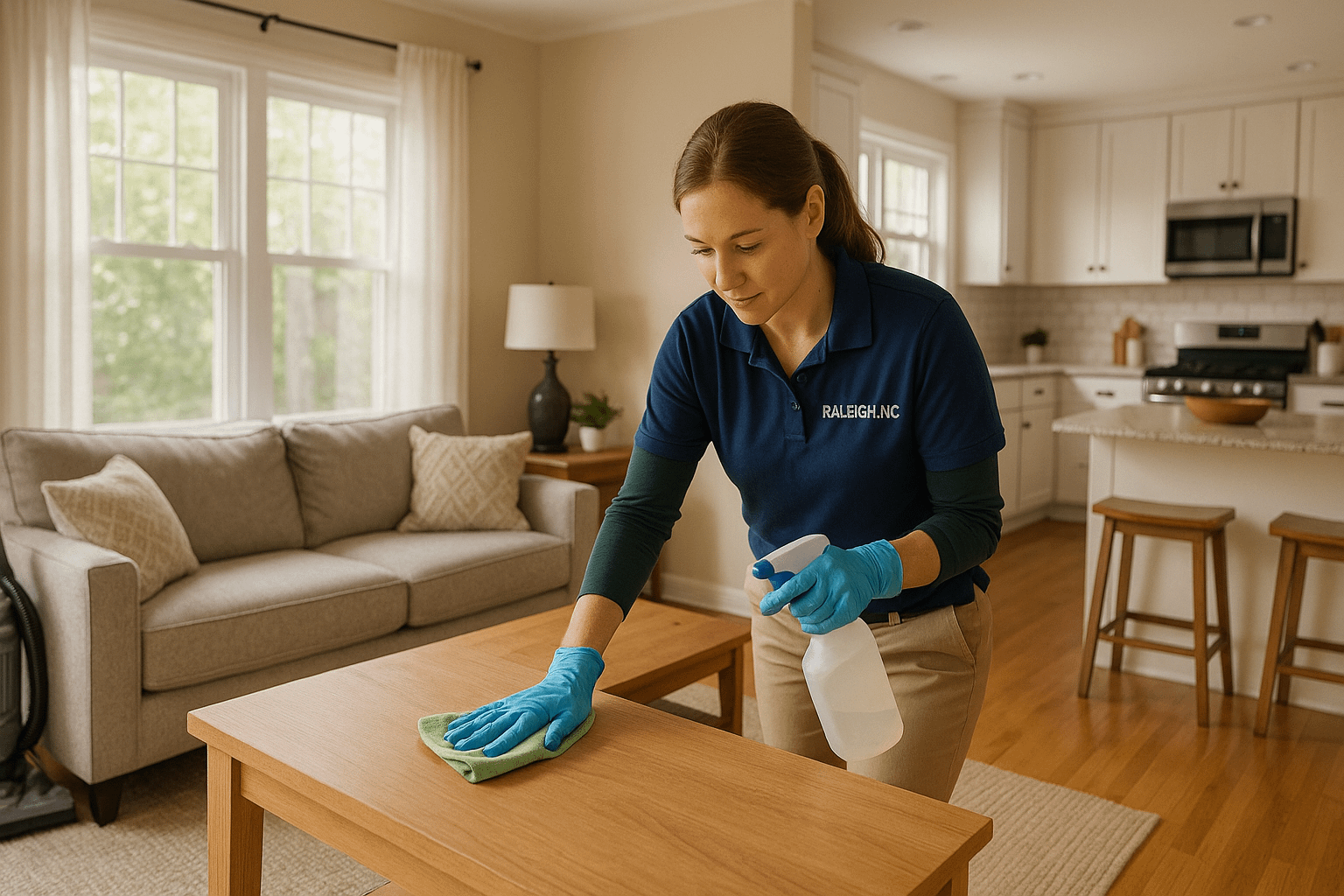 Professional cleaner in branded "RALEIGH, NC" attire wiping a coffee table in a bright, tidy living room with natural light.