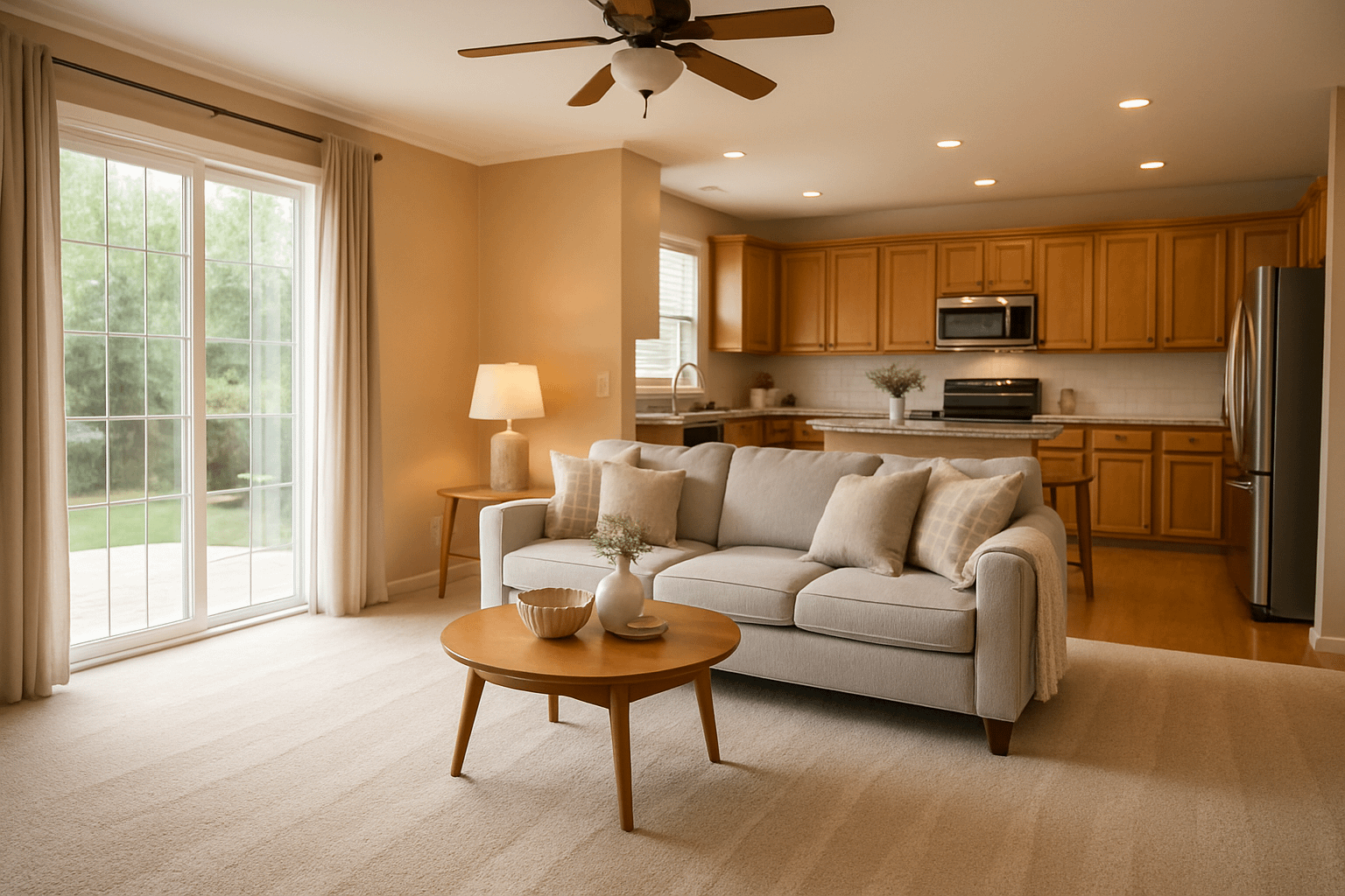 Professionally cleaned Cary NC home interior with vacuumed carpet, spotless kitchen, and soft natural light in a modern open-concept living room.