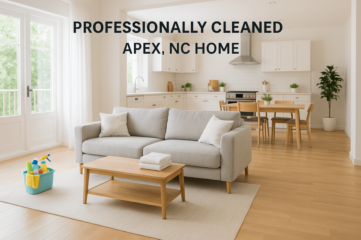 Bright and professionally cleaned living room in an Apex, NC home featuring natural light, polished wood floors, and organized furnishings with a visible cleaning caddy.
