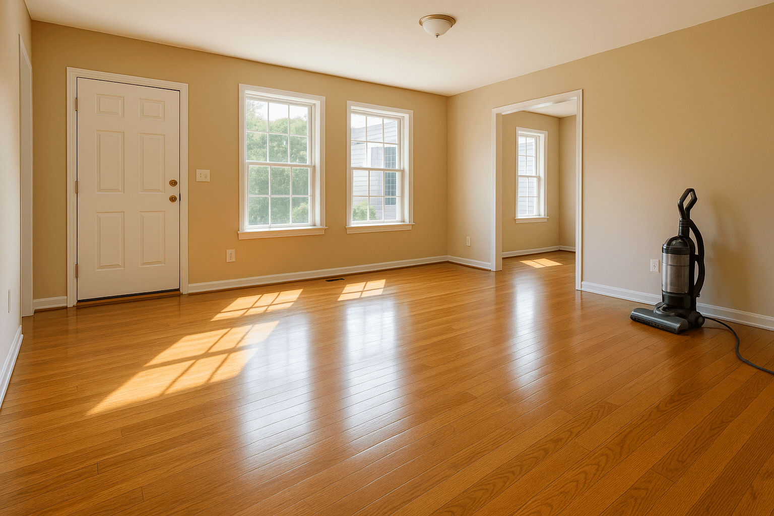 Freshly cleaned sunlit living room in an empty Raleigh NC home with hardwood floors and vacuum cleaner