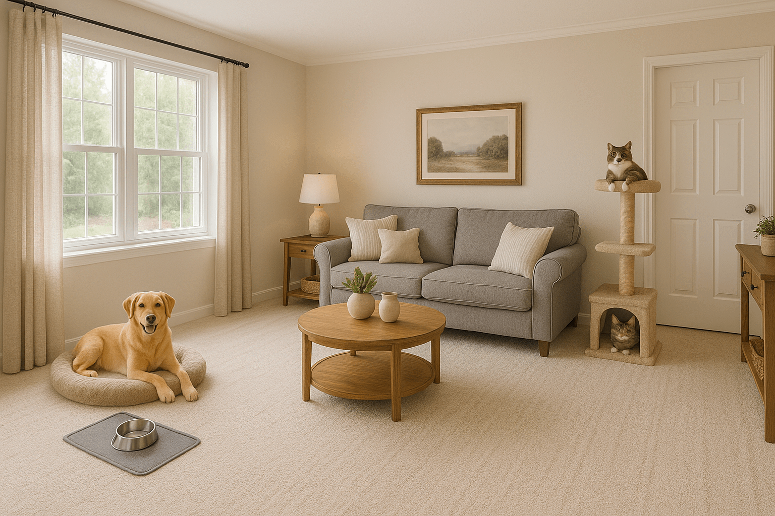 Clean and cozy pet-friendly living room in Apex, NC with a lounging Labrador and a cat on a tree, soft lighting, and vacuumed carpet.