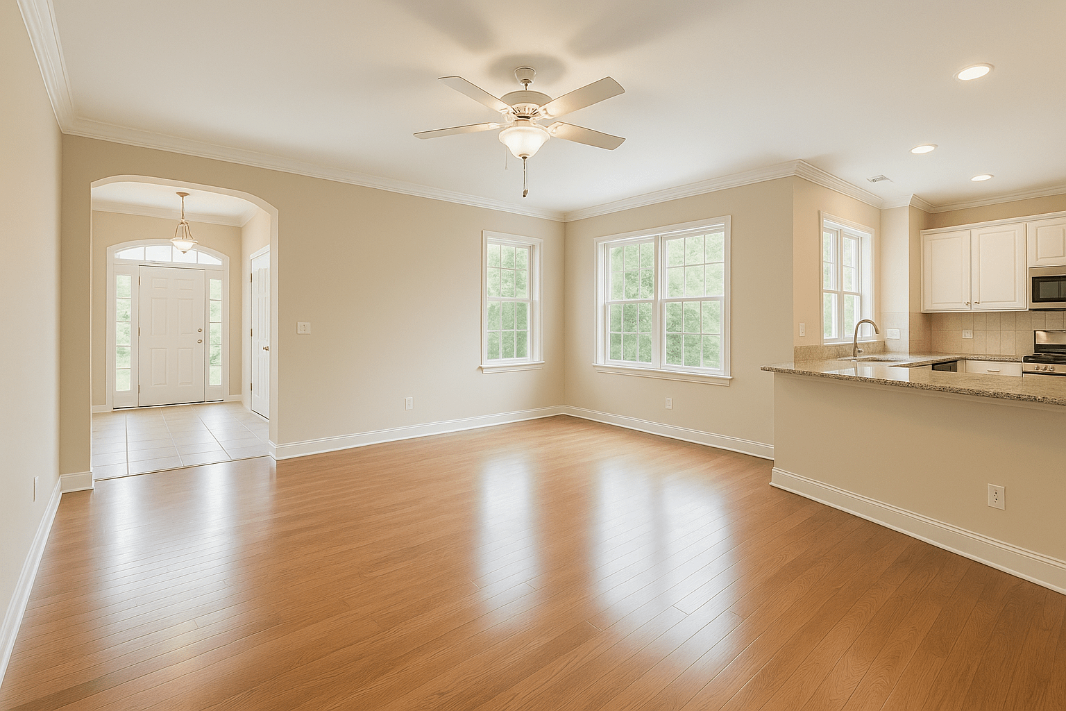 Bright empty living room in a freshly cleaned move-out ready home in Cary NC with hardwood floors and natural sunlight.