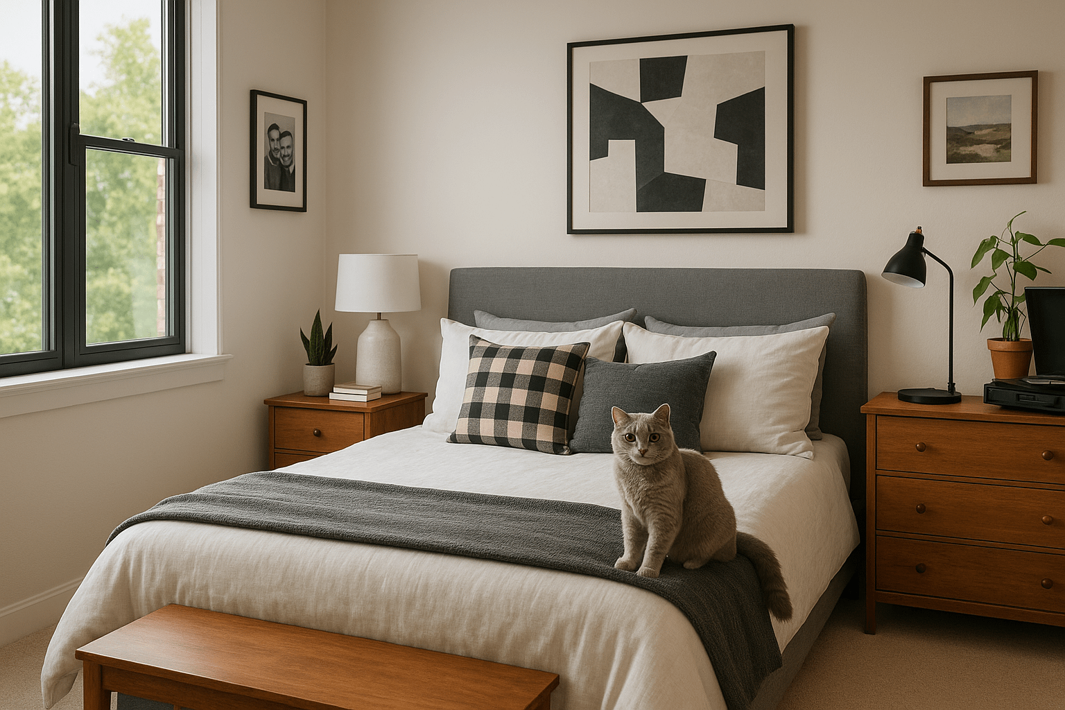 Modern sunlit bedroom in Apex, NC with cozy mid-century decor, gray upholstered bed, wooden furniture, minimalist wall art, and a British Shorthair cat.