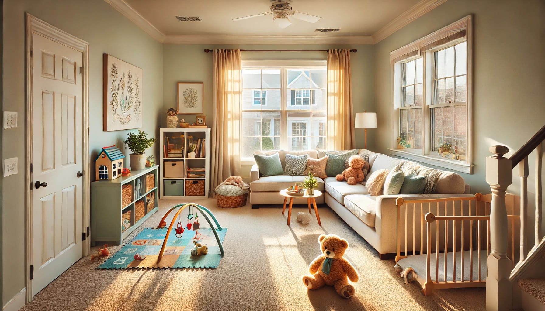 Family-friendly living room in Apex NC with clean floors, toys neatly organized, and fresh natural light.