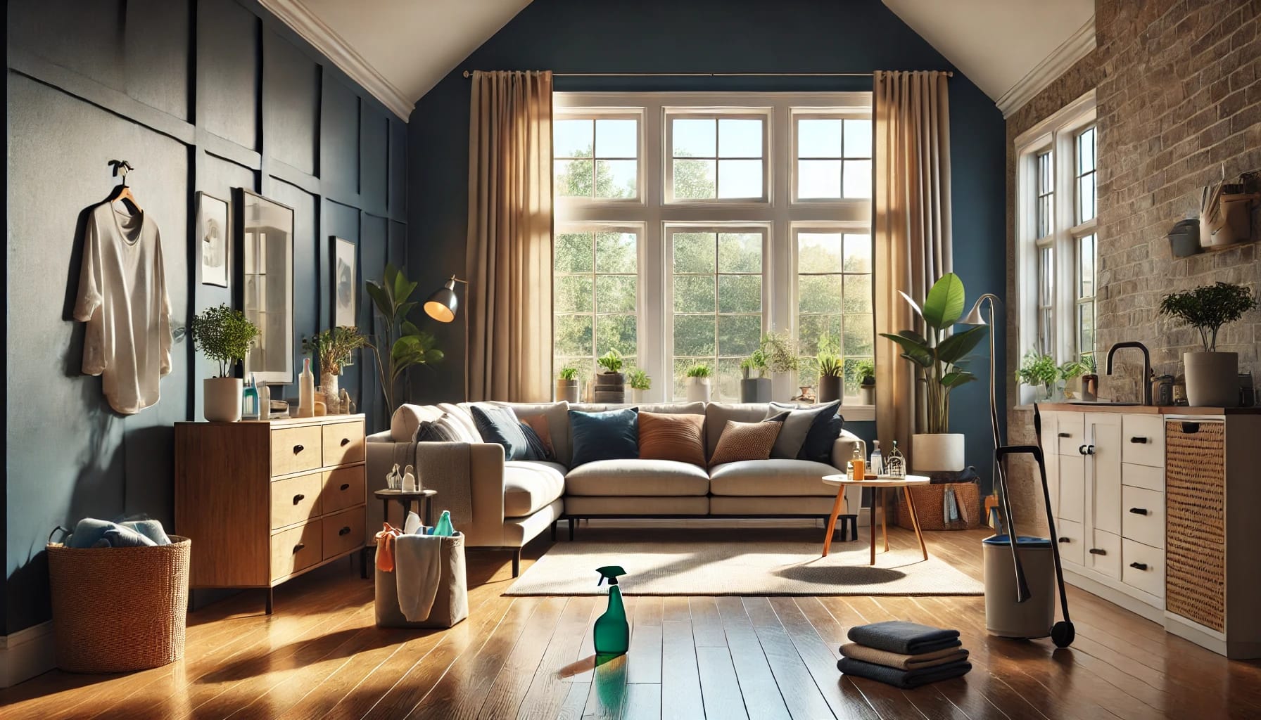 Freshly cleaned Cary NC living room with sunlight, polished floors, and family-safe cleaning products nearby.