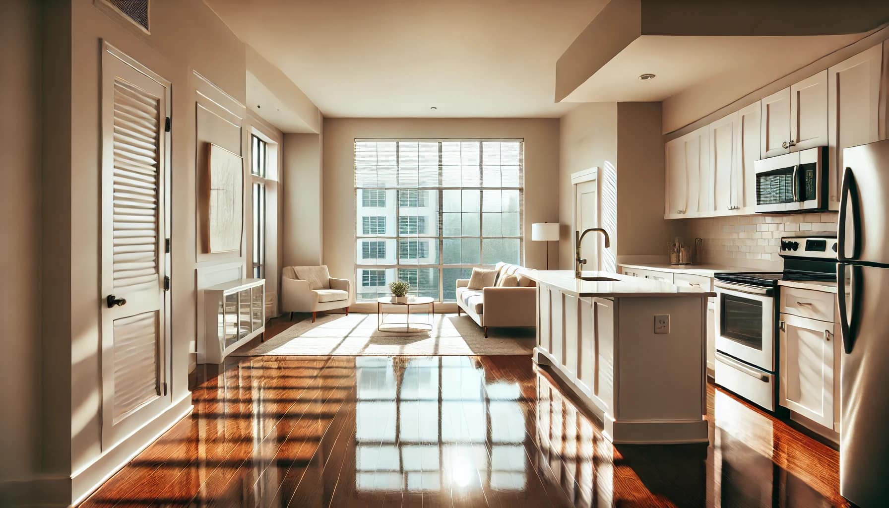 Clean, empty Raleigh NC apartment with freshly mopped floors, polished counters, and natural light.