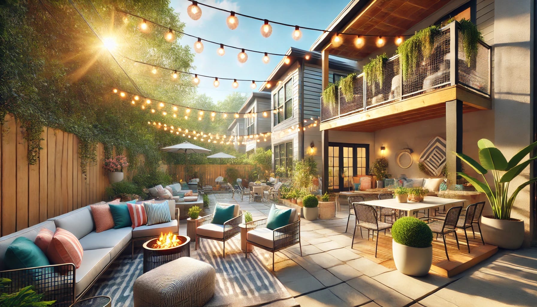 Modern outdoor patio of an Airbnb rental in Raleigh, NC with stylish seating, string lights, and lush greenery, ideal for relaxing and entertaining.