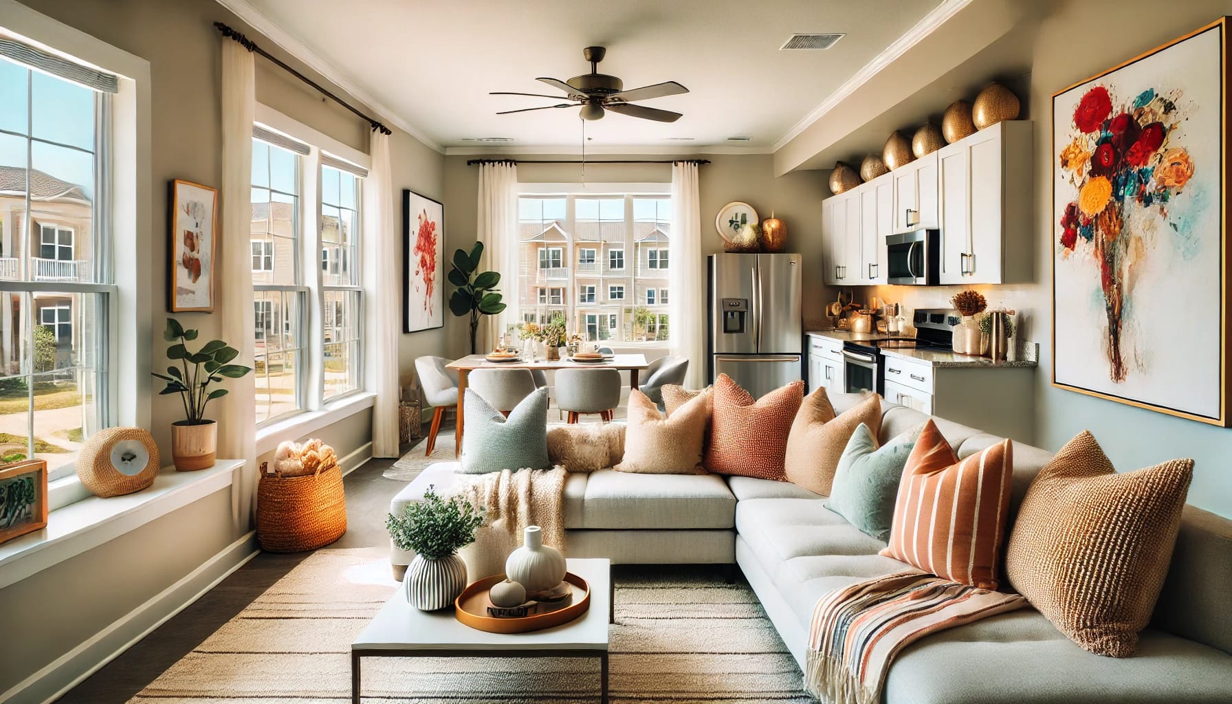 Tidy, staged Airbnb living room in Apex NC with fresh linens, natural light, and guest-ready design.