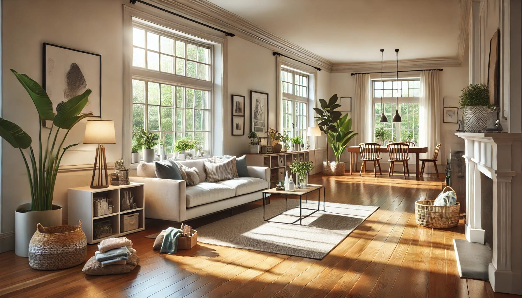 Cary NC home interior with polished floors, tidy living space, and natural light reflecting regular cleaning.