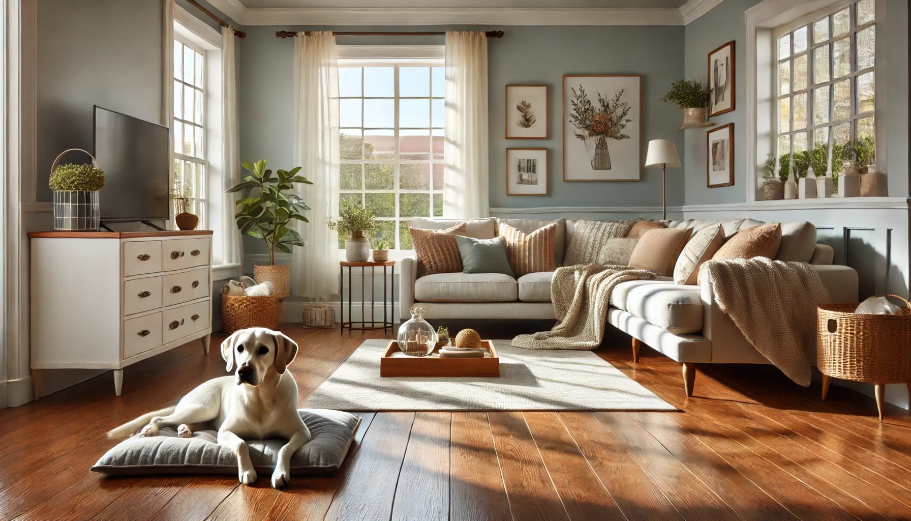 Clean, pet-friendly Apex NC home interior with sunlight, a resting dog on the rug, and fur-free furniture.