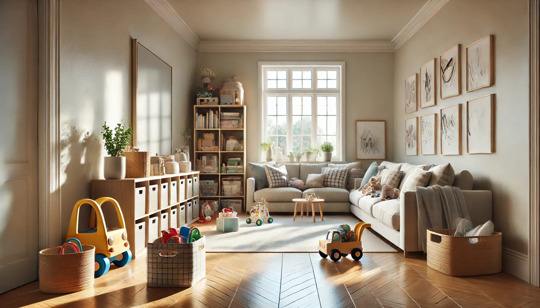Raleigh NC living room with kids' toys neatly organized and a sunlit, freshly cleaned interior.