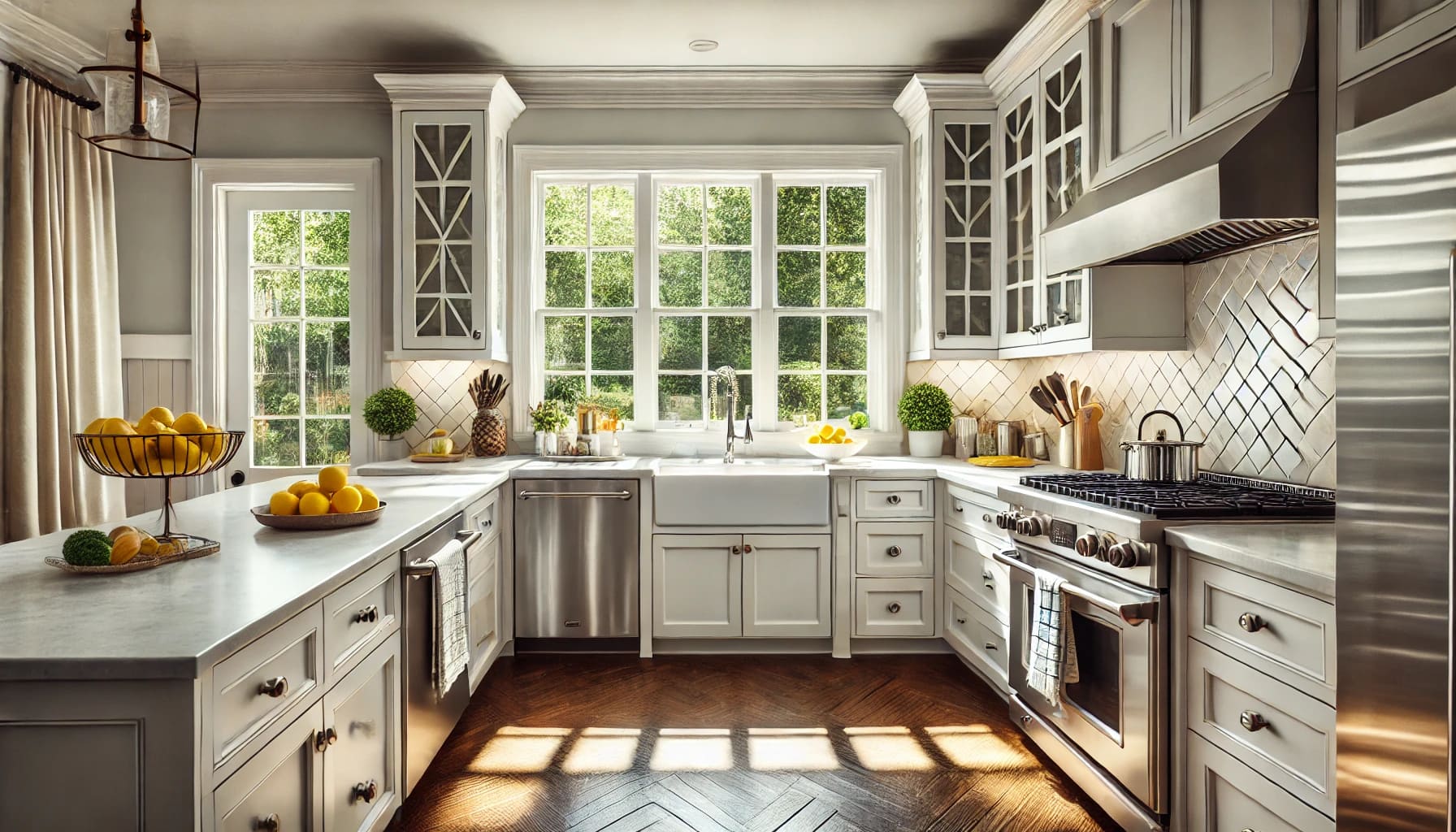 Modern Raleigh NC kitchen with polished countertops, clean appliances, and natural light after a deep cleaning.