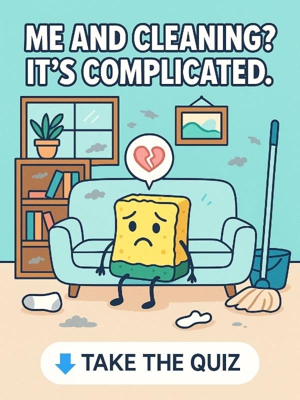 Cartoon-style illustration of a cluttered living room with a sad sponge on the couch, symbolizing a cleaning situationship.