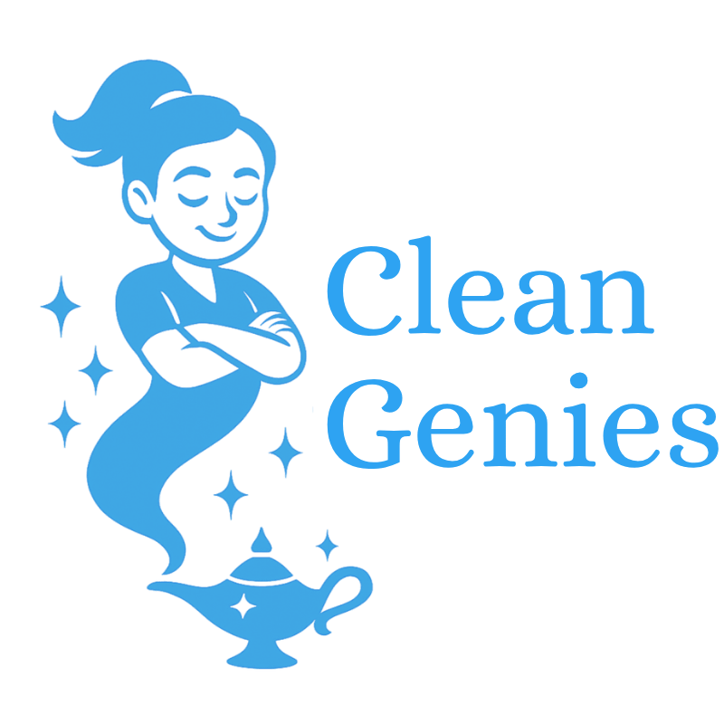 Clean Genies logo featuring a confident genie character emerging from a lamp