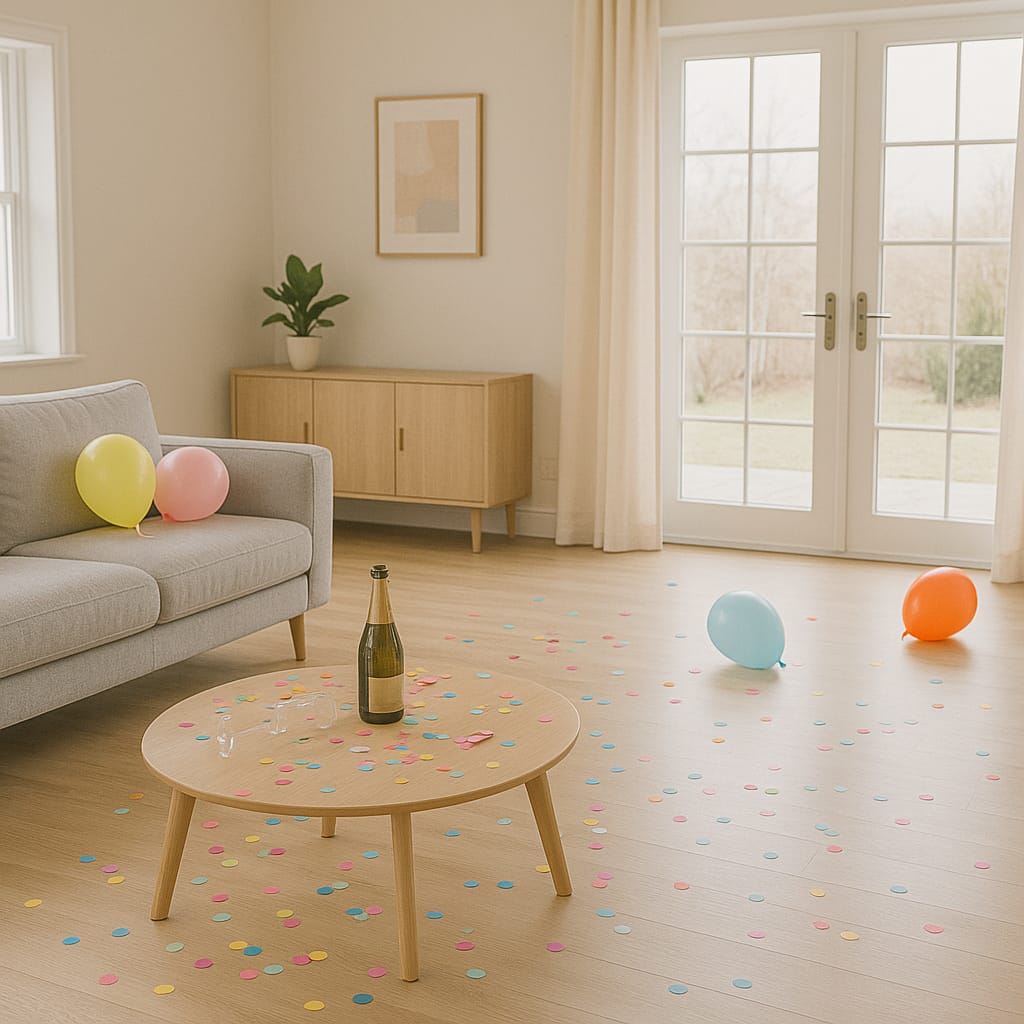 Living room after a party with balloons and confetti on the floor, ready for post-event cleaning