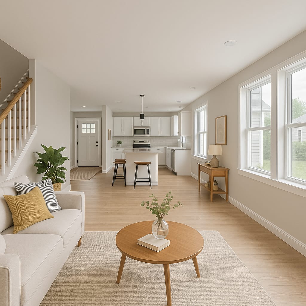 Bright, modern open-concept living room and kitchen with neutral decor