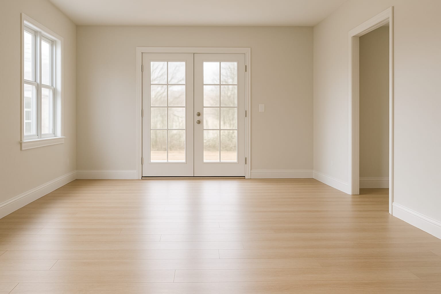 Empty, freshly cleaned living room with natural light and light wood floors in a modern home