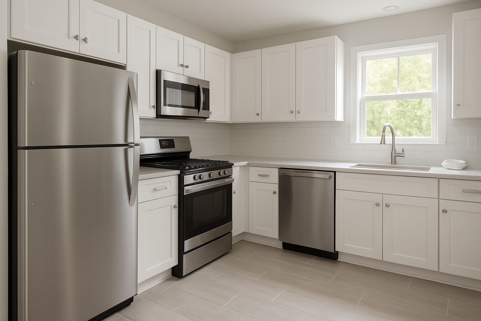 Modern kitchen with stainless steel appliances, white cabinets, and quartz countertops, freshly cleaned and spotless