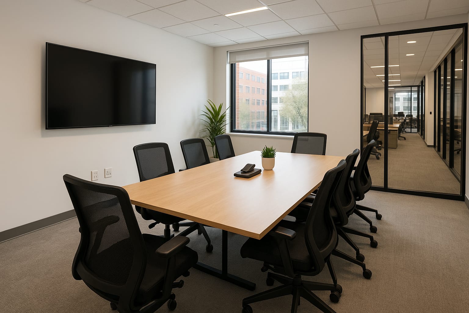 Modern conference room with light wood table, black mesh chairs, and natural light in a professional office setting
