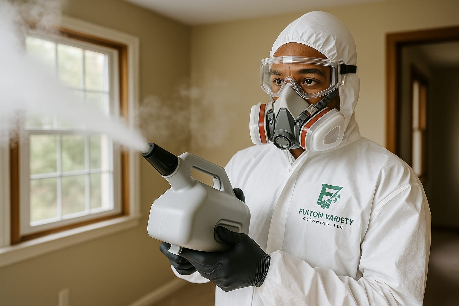 Clean modern office conference room with large windows and white table