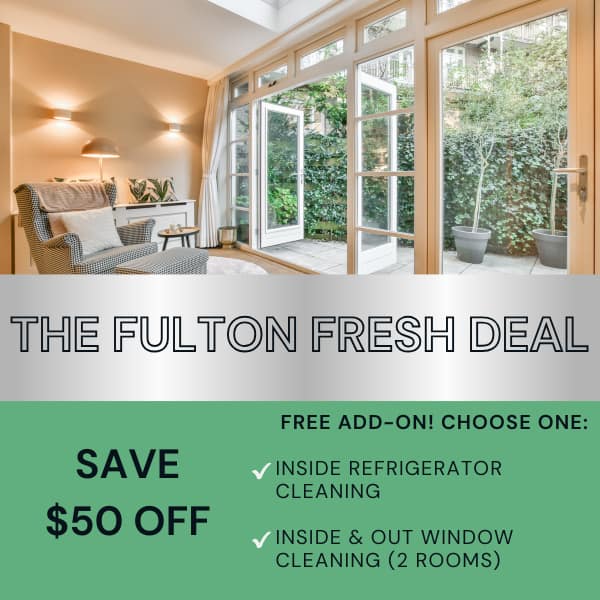 Special offer graphic showing $50 off deep cleaning and a free add-on with promo code FRESH50
