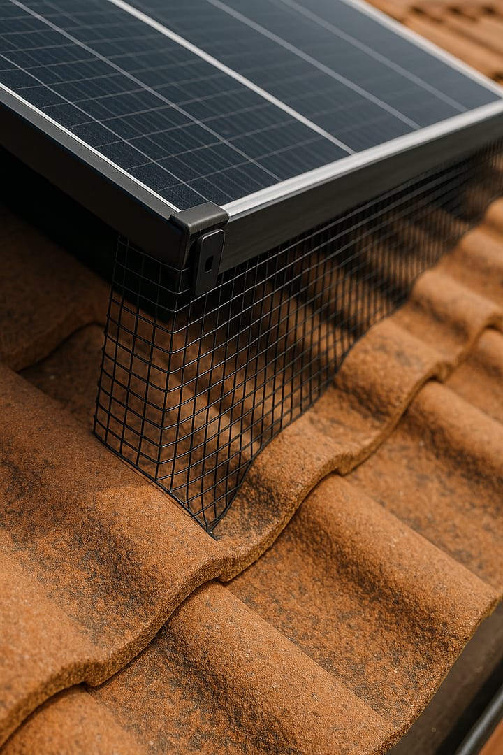 Close-up of bird proofing mesh installed around solar panels on a tile roof