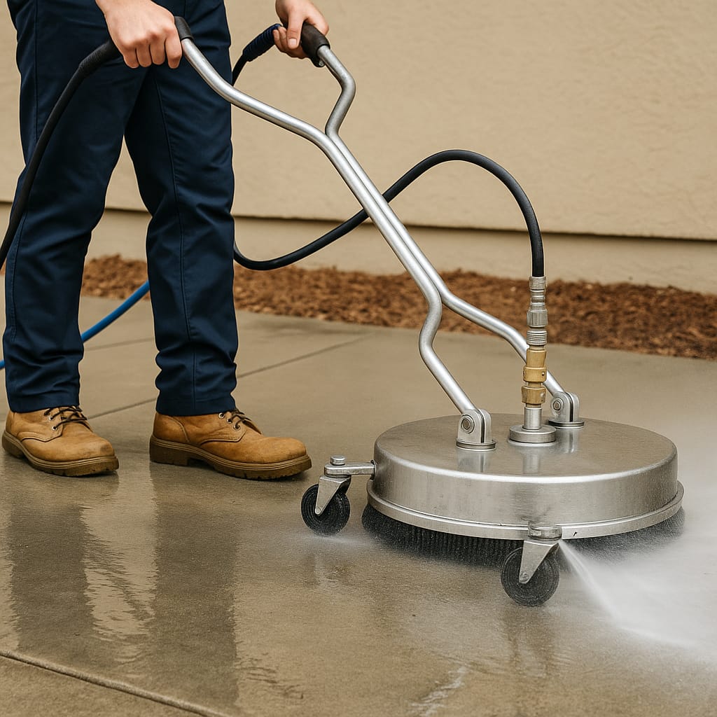 Professional pressure washing a concrete surface with a surface cleaner